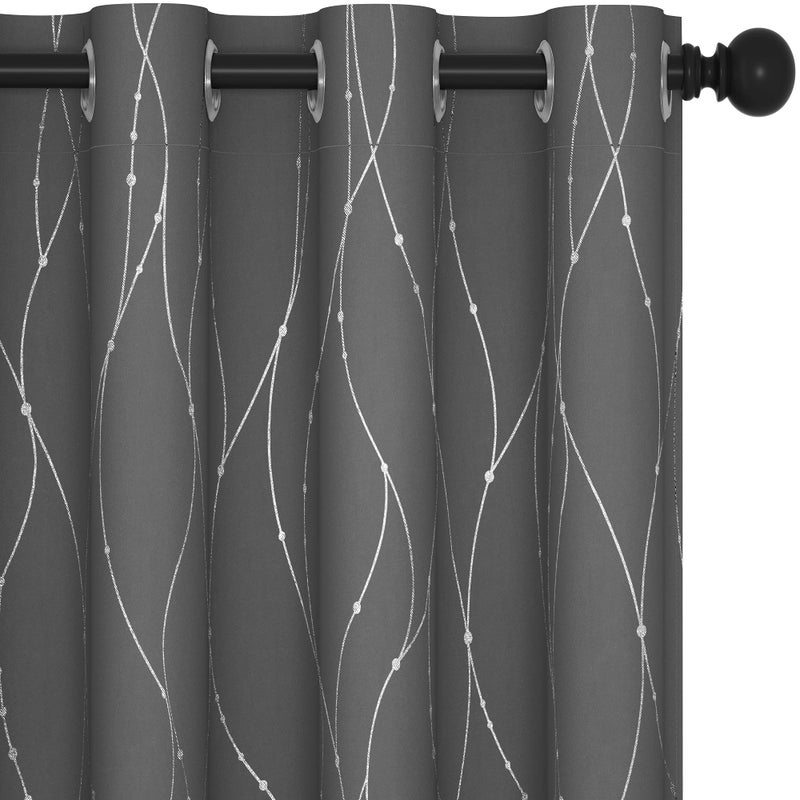 Deconovo Blackout Curtains, Light Grey Thermal Insulated Grommet Drapes, Silver Wave Dots Foil Print, Thermal Window Panels, 52" W x 45" L, 2 Panels, for Bedroom Living Room - Image 1